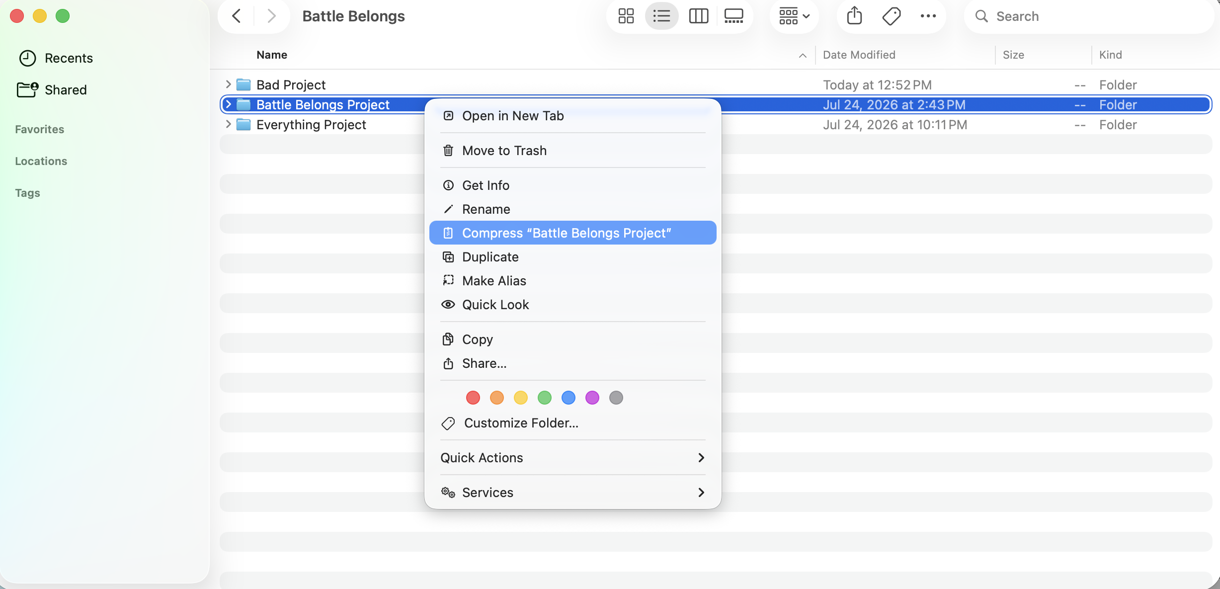 Right-clicking the Ableton project folder in the macOS Finder and choosing Compress to make a single .zip.