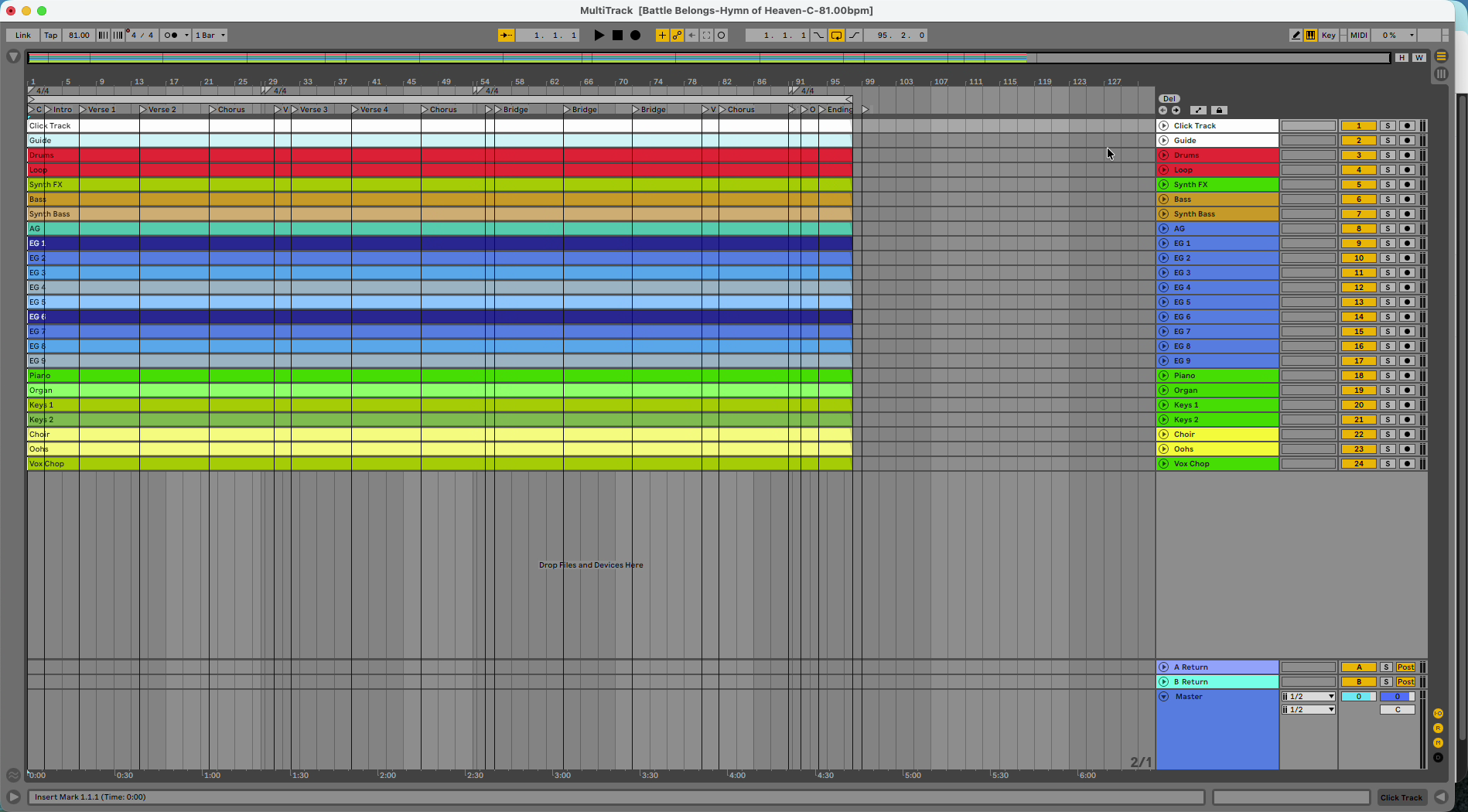 A programmed Ableton Live project: stems, locators, and tempo and time signature changes.