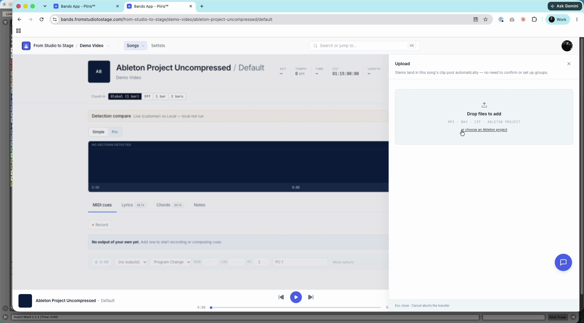The Upload panel with "or choose an Ableton project".
