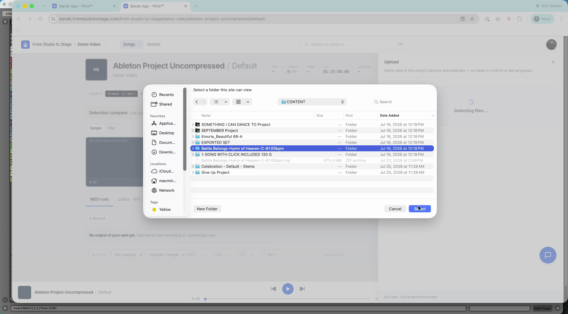 Selecting the Ableton project folder.