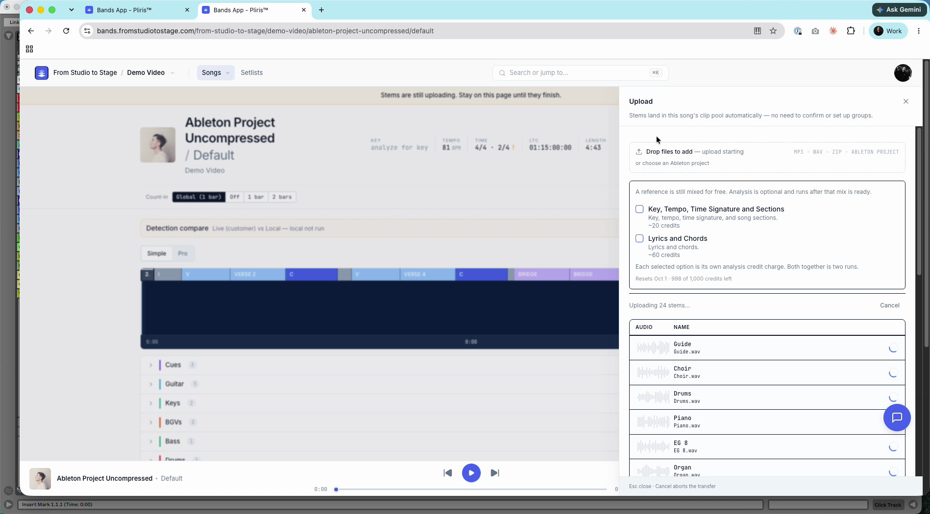 Sections, tempo and time signature read from the project, with both analysis options unticked.