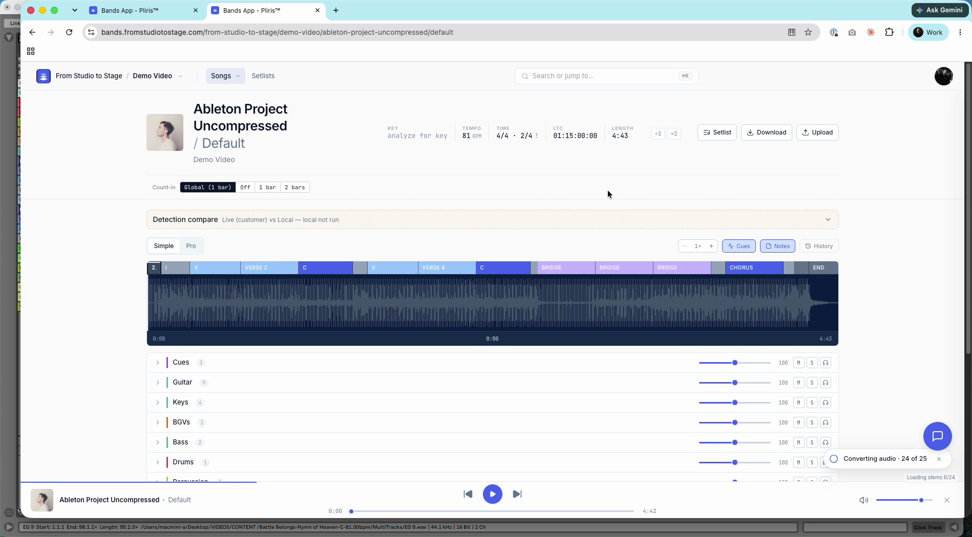 The uploaded song with its sections from Ableton.
