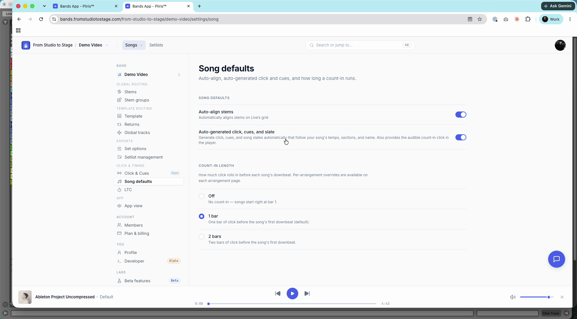 Song defaults, with Auto-generated click, cues, and slate turned on.