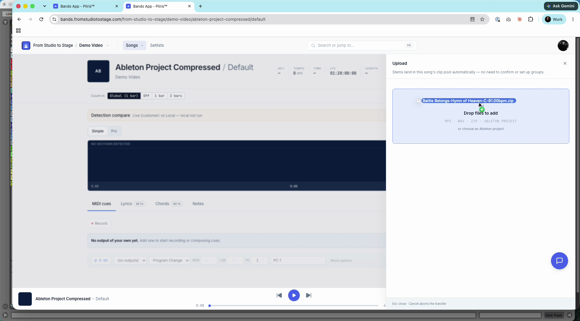 Dropping a compressed Ableton project onto the uploader.