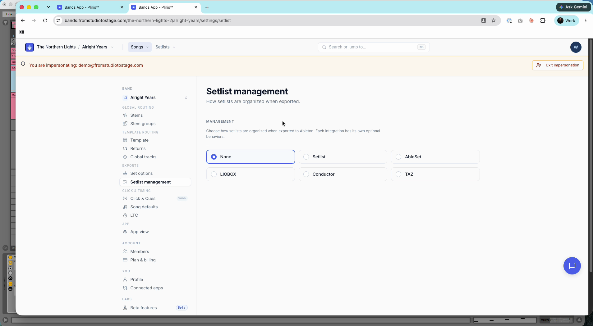 Setlist management settings.