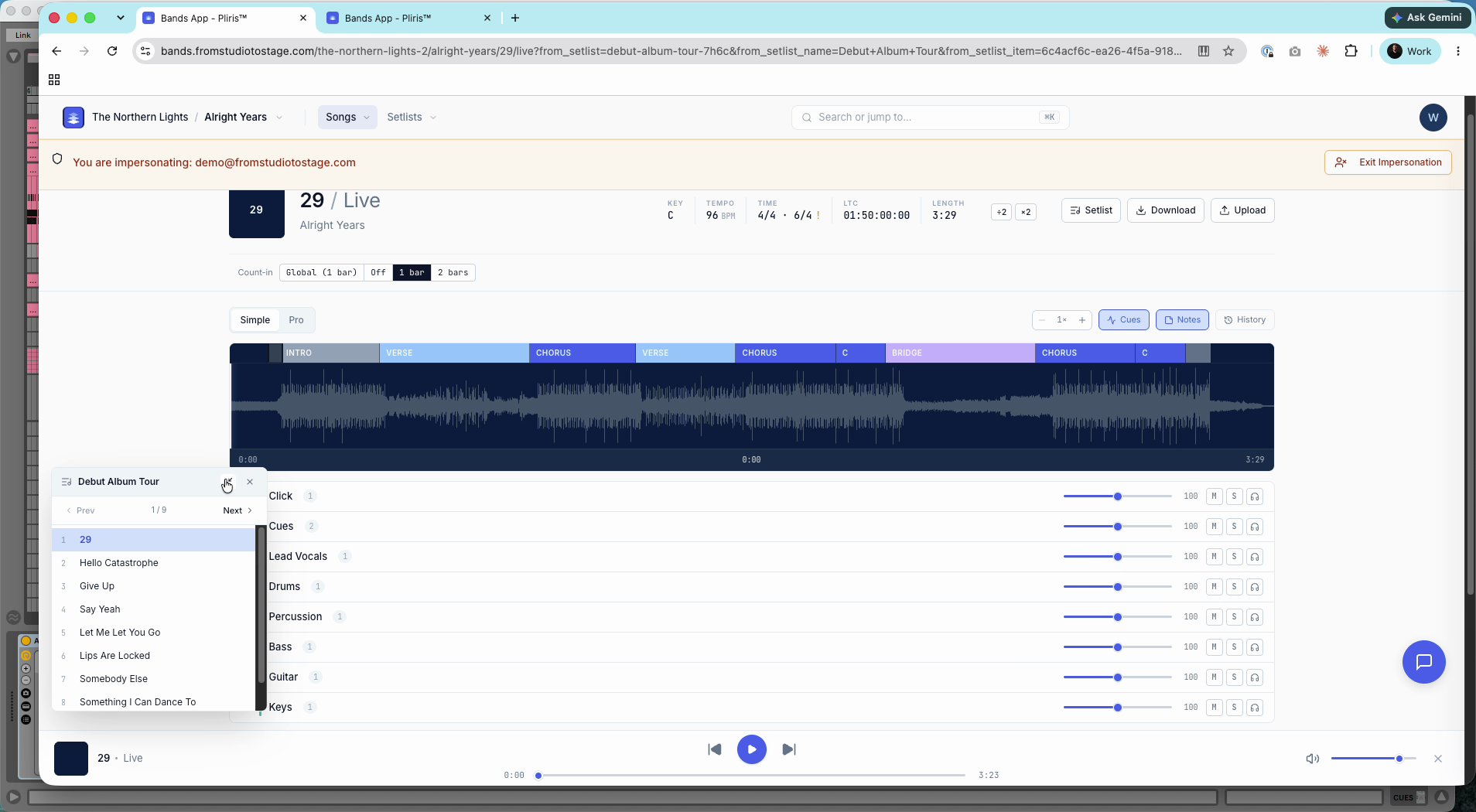 Setlist navigation on a song page.