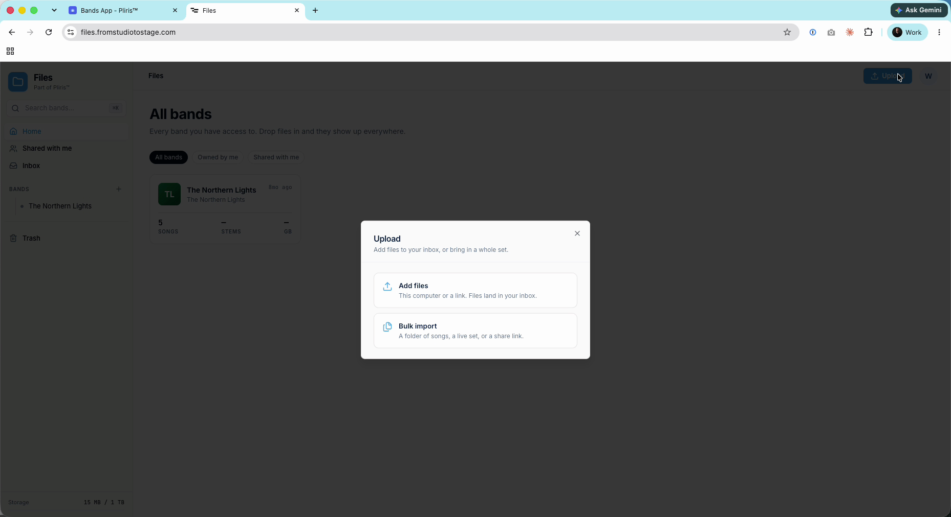 The Upload menu in Files, with Add files and Bulk import.