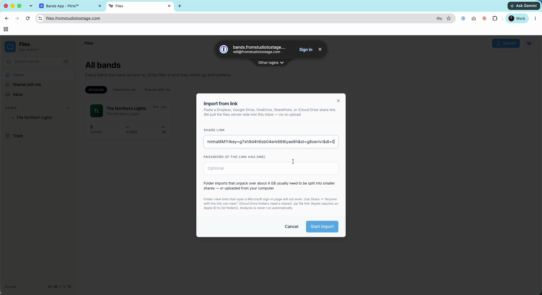 The Import from link dialog with a Dropbox share link pasted in.