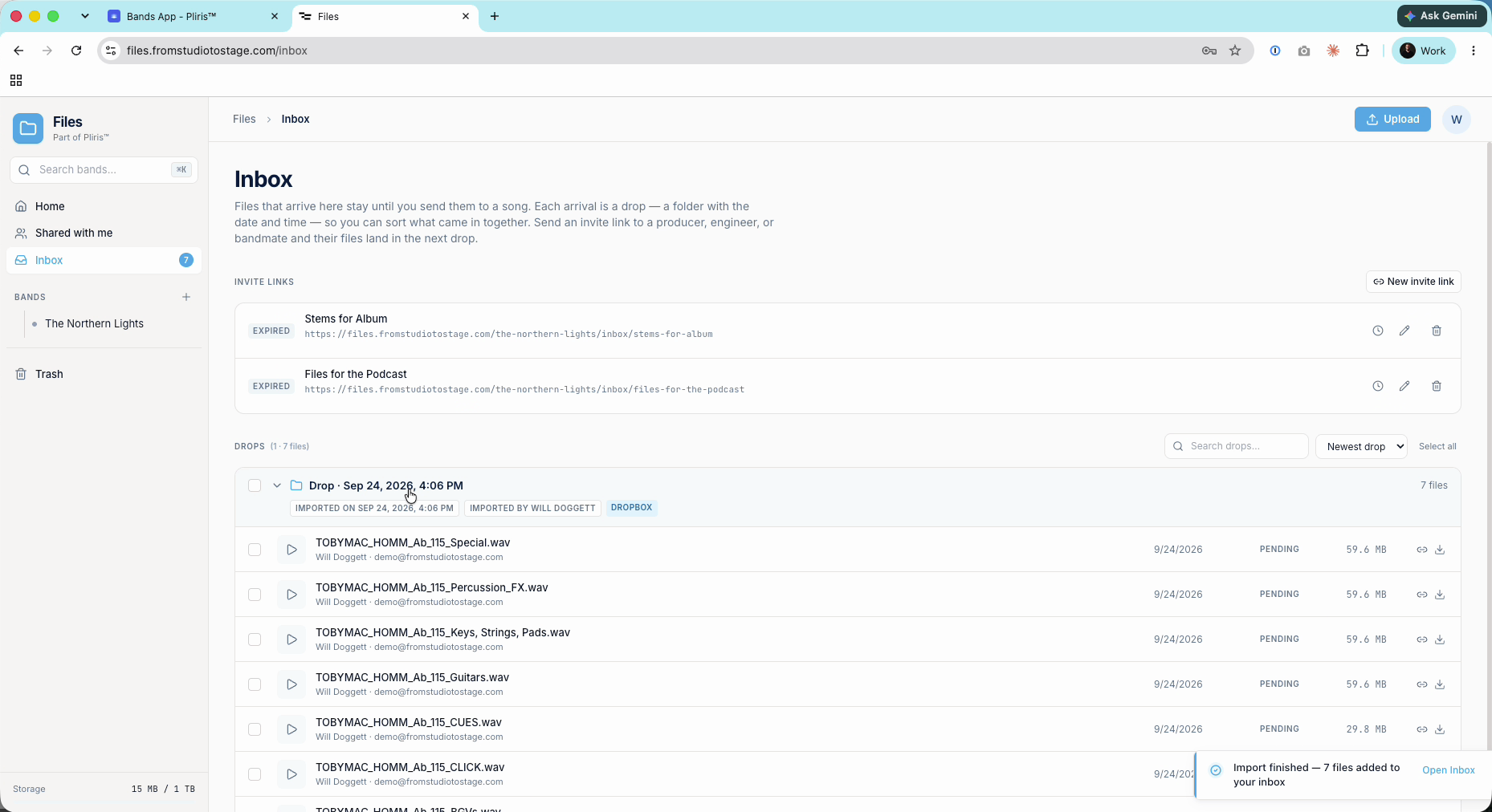 A finished drop in the Inbox, showing the import date, who imported it, and the Dropbox source.