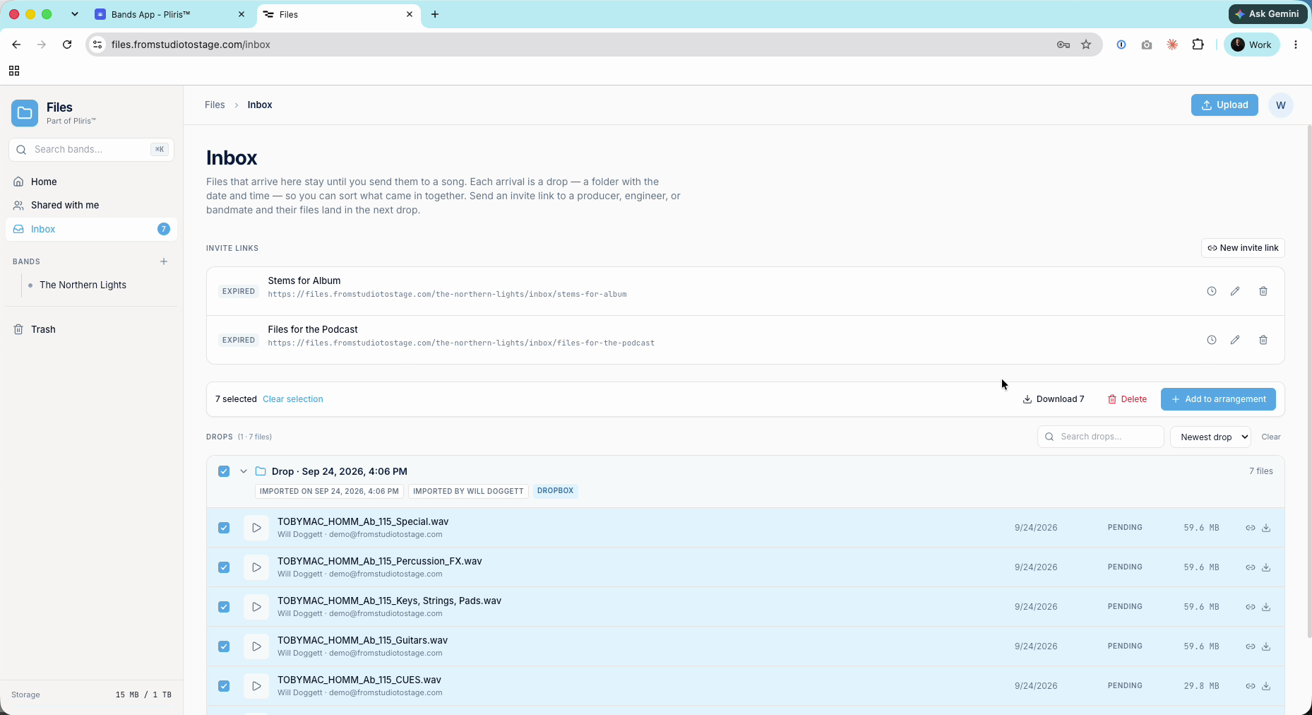A drop selected in the Inbox, with the Add to arrangement button.