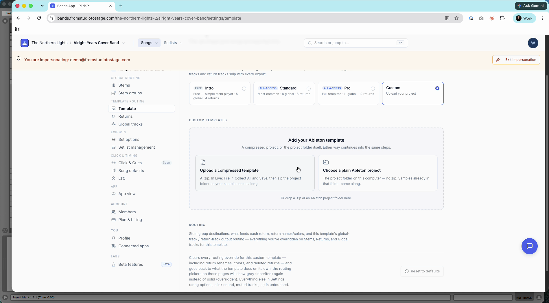 Settings → Template with Custom selected.