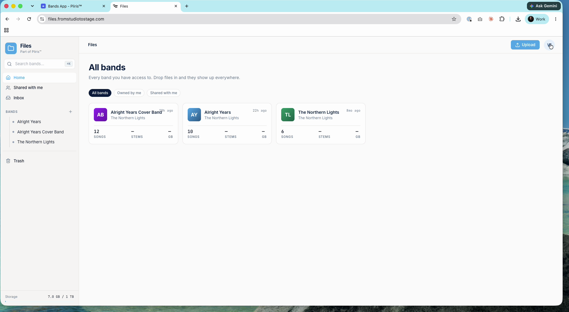 All bands in Files, with Inbox, Shared with me and your bands in the sidebar.