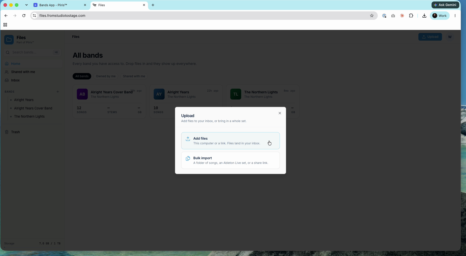 The Upload menu: Add files and Bulk import.