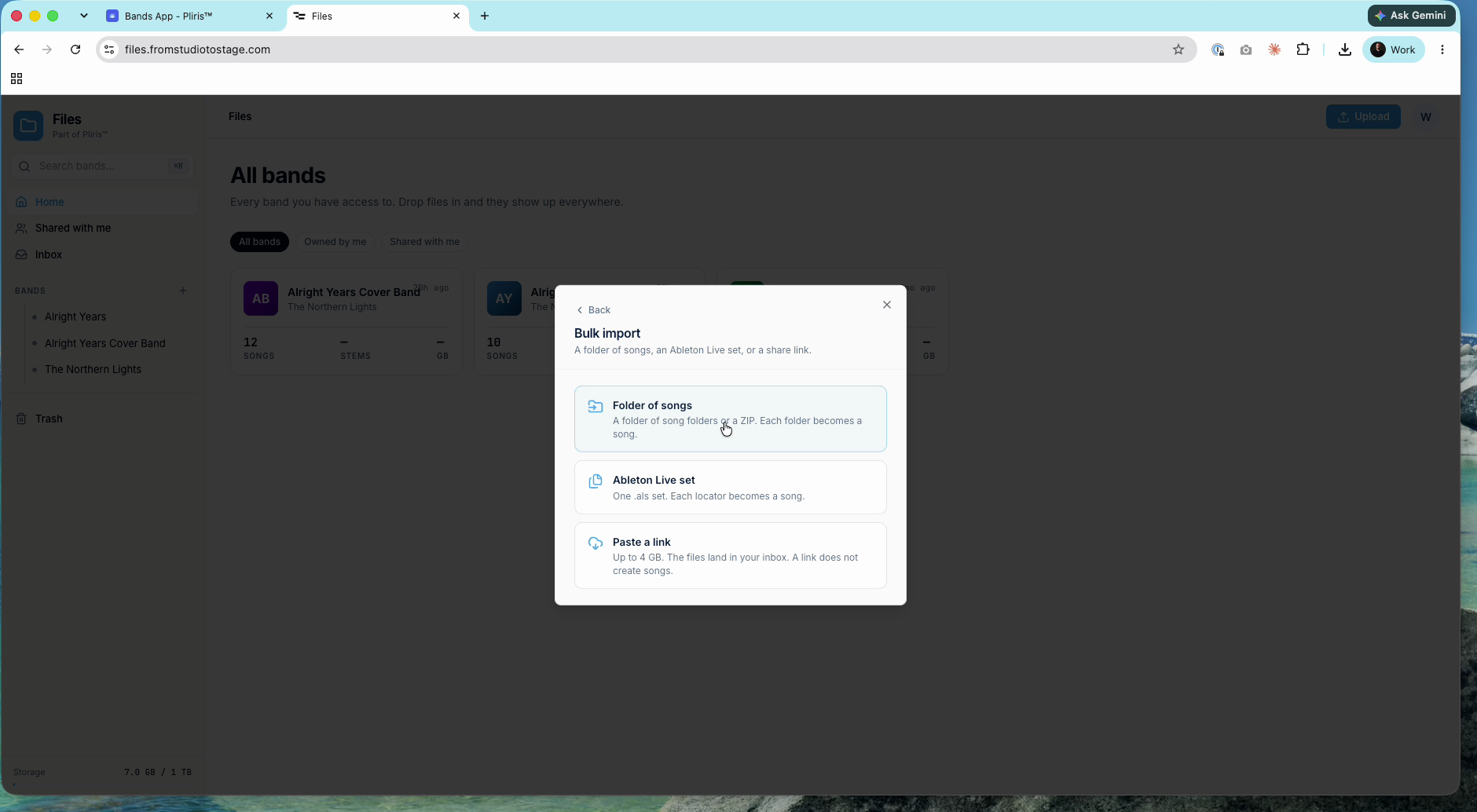 Bulk import: Folder of songs, Ableton Live set, Paste a link.