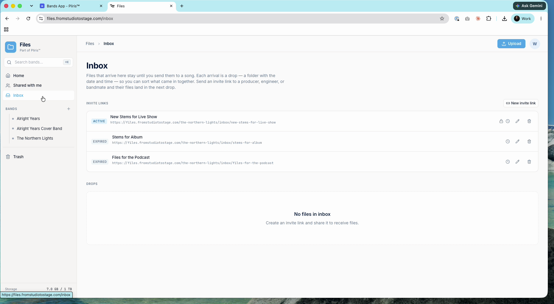 The Inbox, with invite links at the top and drops below.