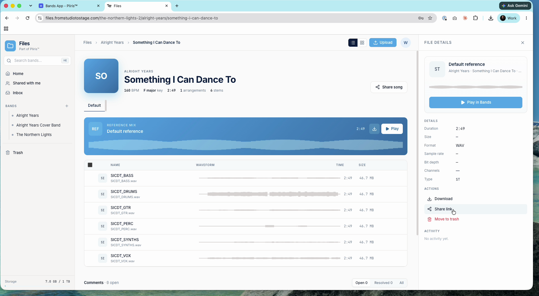 A song in Files, with the reference mix and its stems.