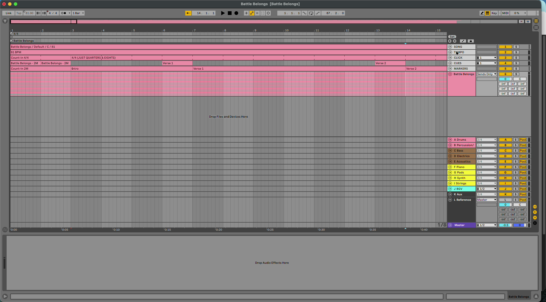 The header tracks at the top of a song in Ableton Live.