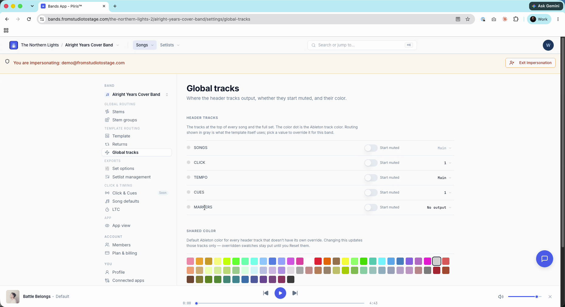 Settings → Global tracks on the Standard template.