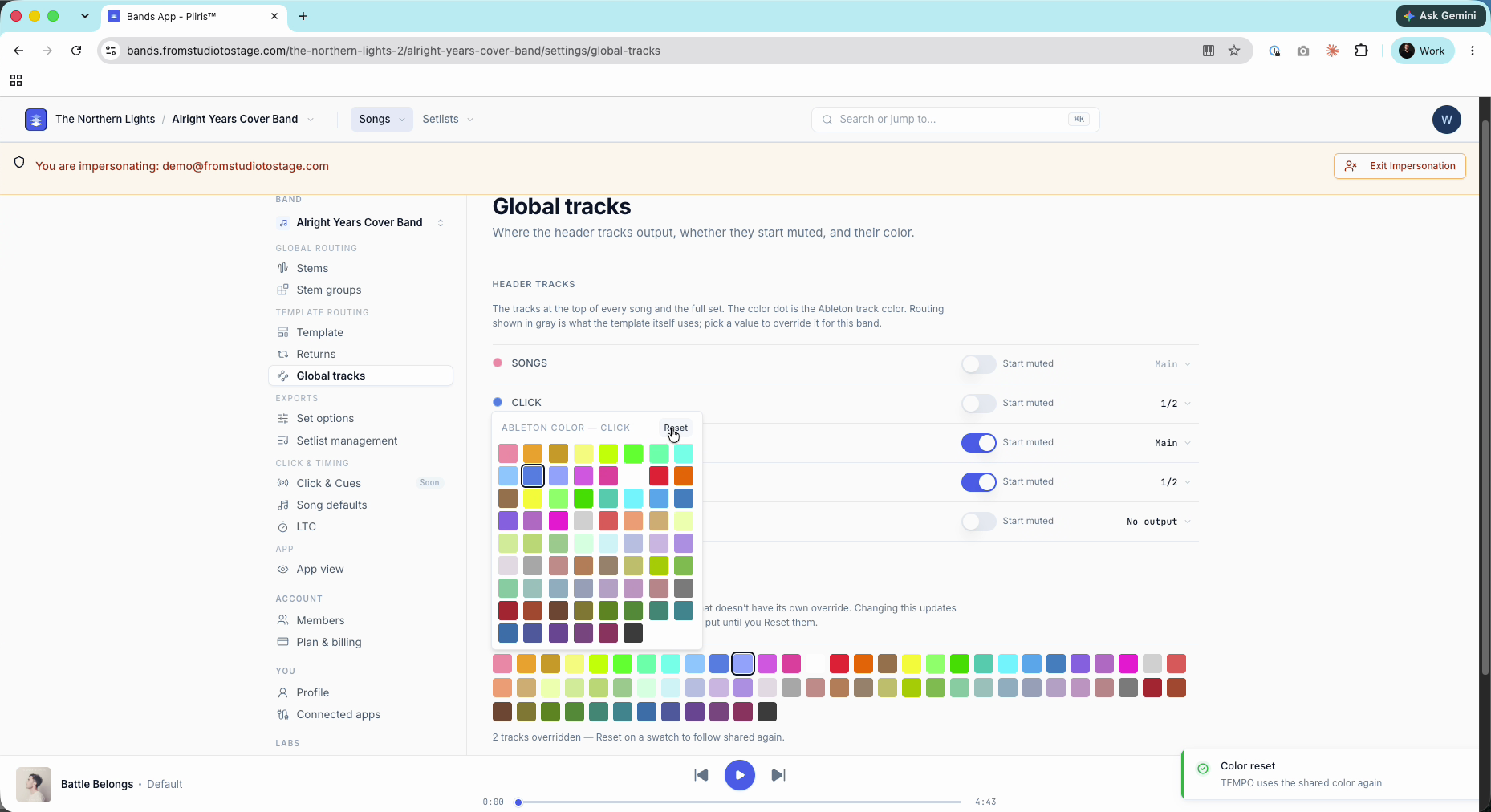 The shared color palette, with a track color reset.