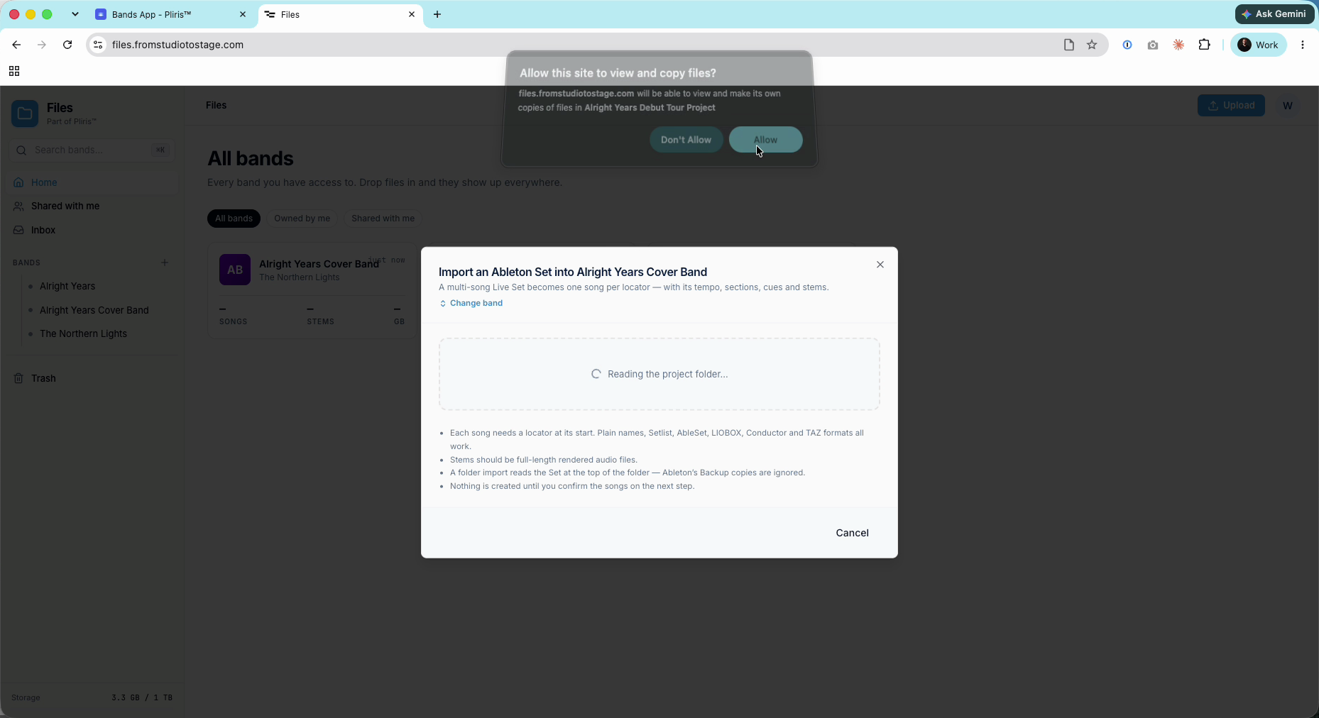 The browser's file access prompt.