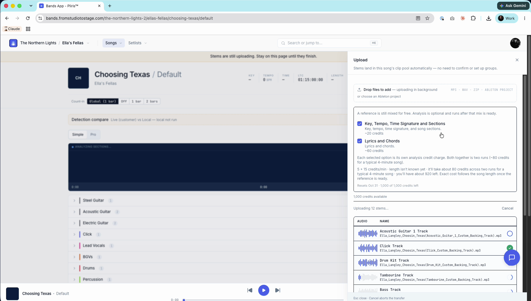 The upload panel with both analysis options ticked, showing the credit estimates, the note that each option is its own charge, and the stems uploading.