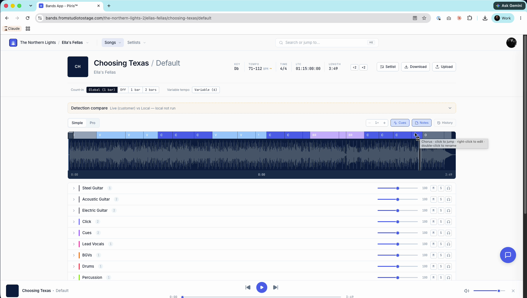 The song page after analysis, with the key, tempo range, time signature and sections.