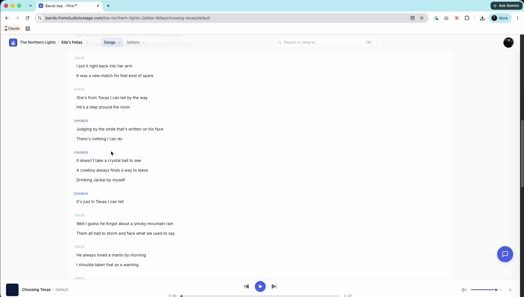 The Lyrics tab right after analysis, with lines grouped under section labels and the Lyrics and Import switch above them.