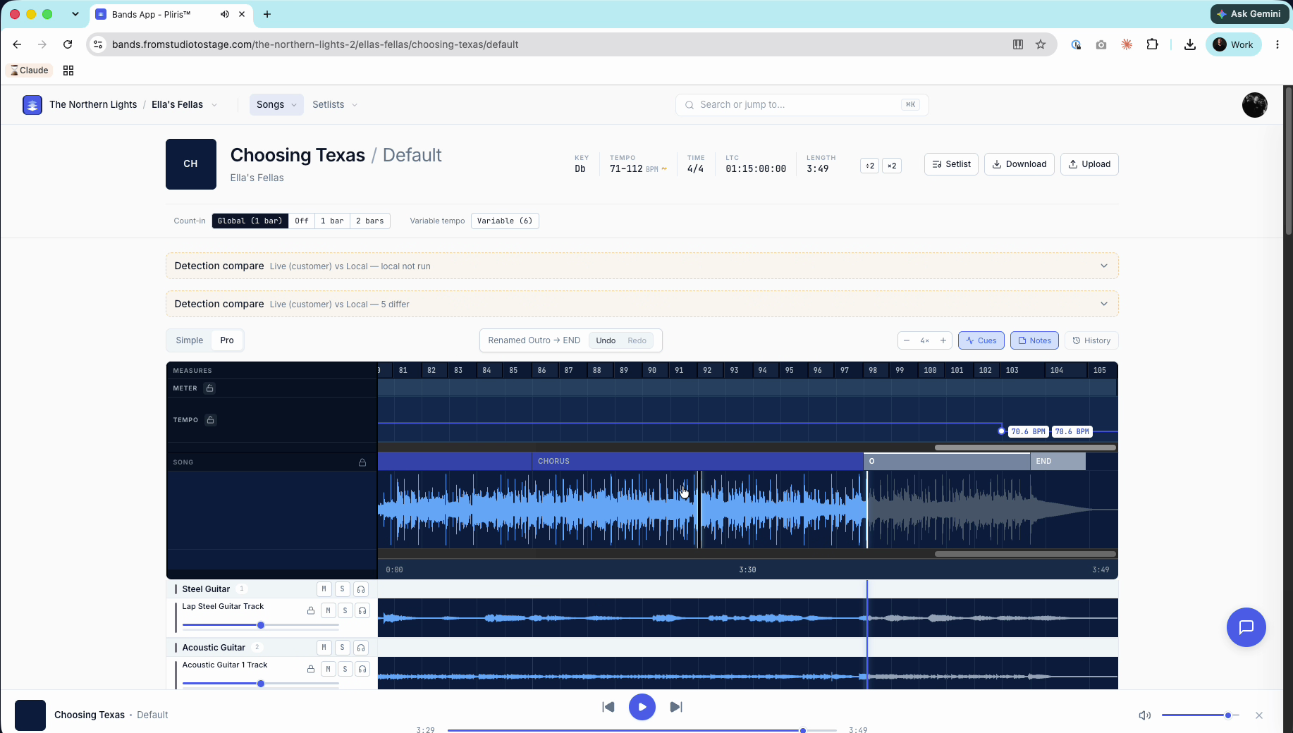Pro mode with the sections laid out on the waveform, used to fix section boundaries.
