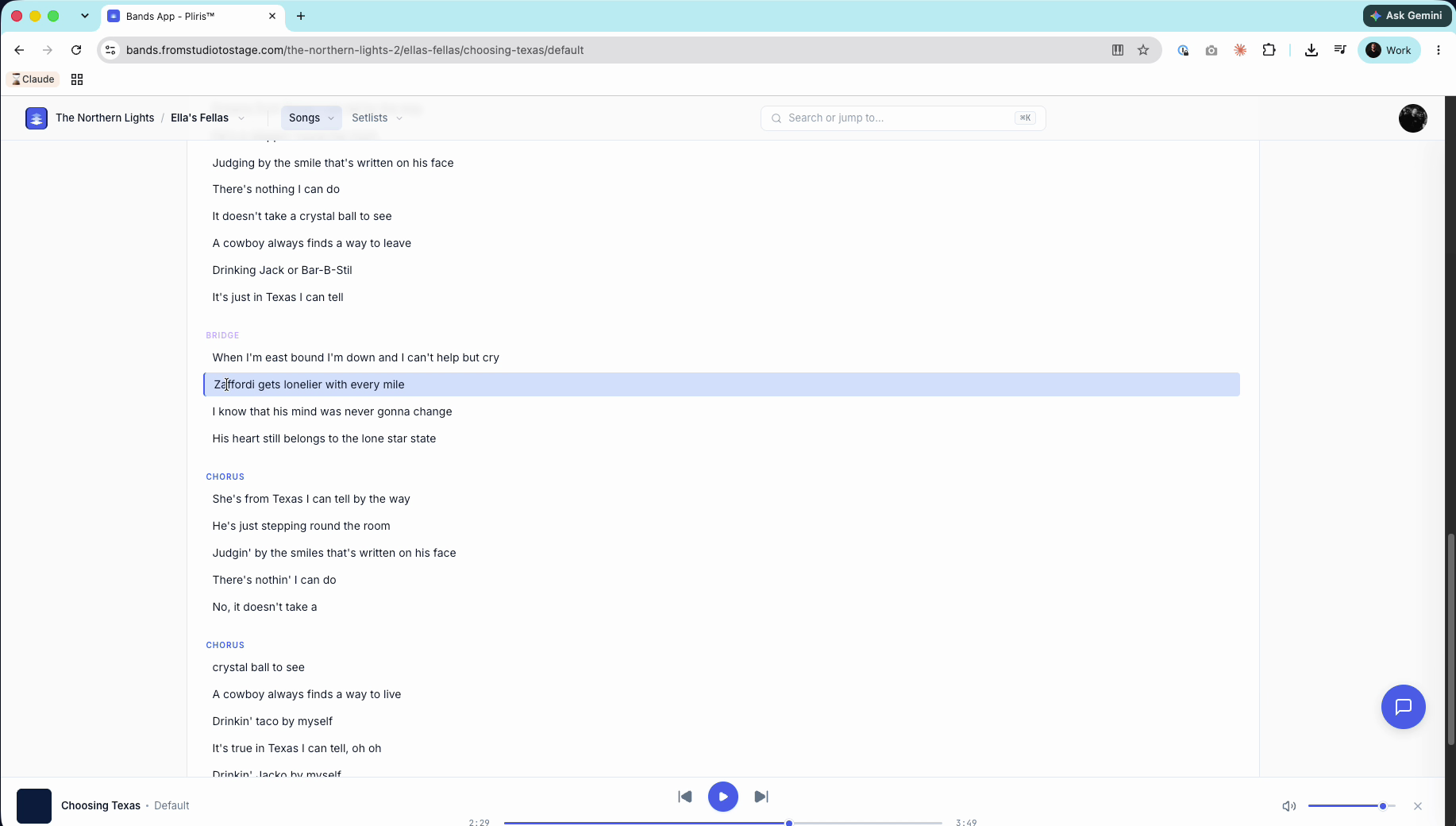 The Lyrics tab with the line being sung highlighted in the bridge. The timing is right but the words are wrong.