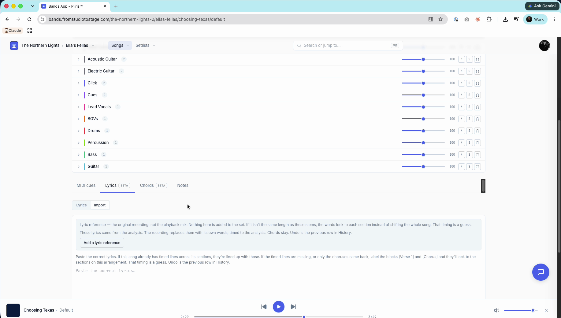 The Import tab with the Lyric reference note, the instructions and the empty paste box.