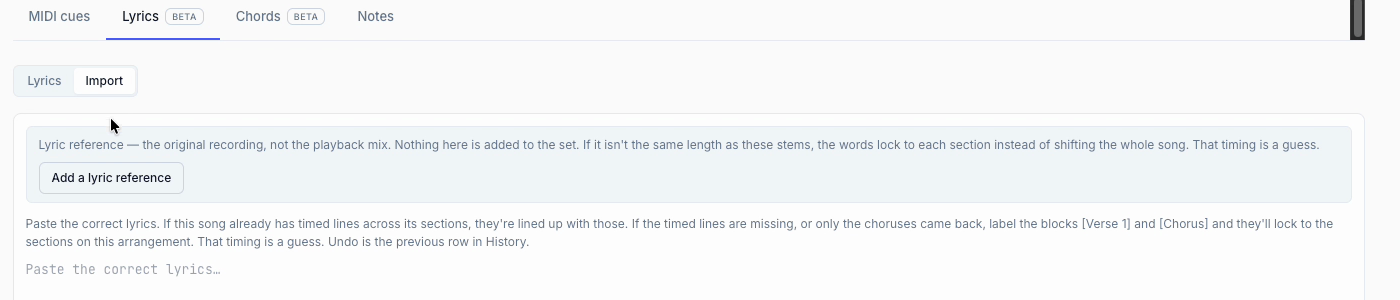 The Import tab with the Lyric reference note, the Add a lyric reference button and the Paste the correct lyrics instructions.