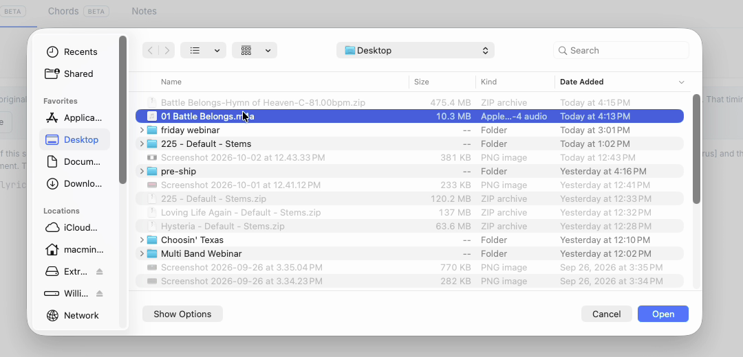 The macOS file chooser with the original recording of the song selected.