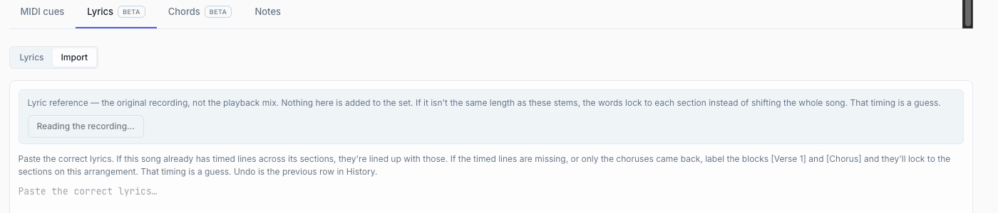 The Lyric reference box showing Reading the recording... while the file is processed.