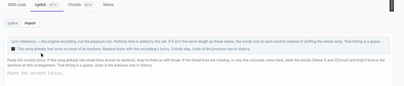 The Lyric reference box with the replace-lyrics checkbox and the note that chords stay and undo is in History.