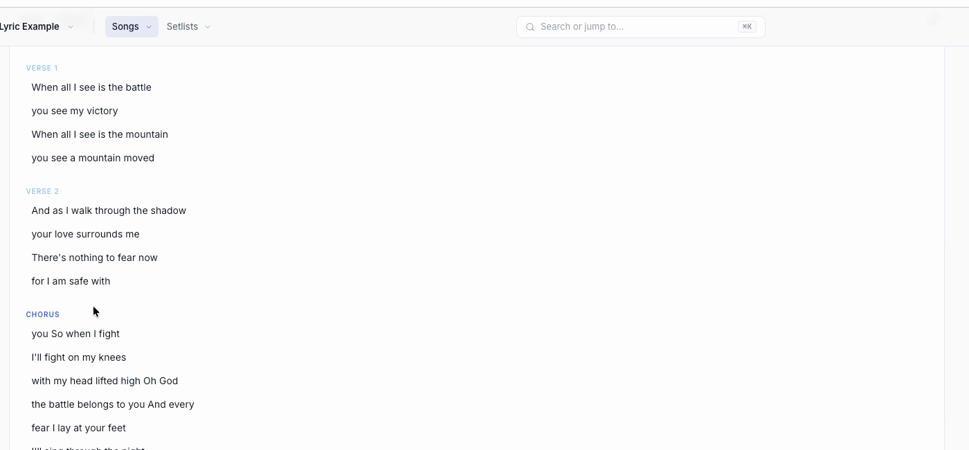 The Lyrics tab after the lyric reference. Sections now have lyrics, but the words and line breaks are still off.