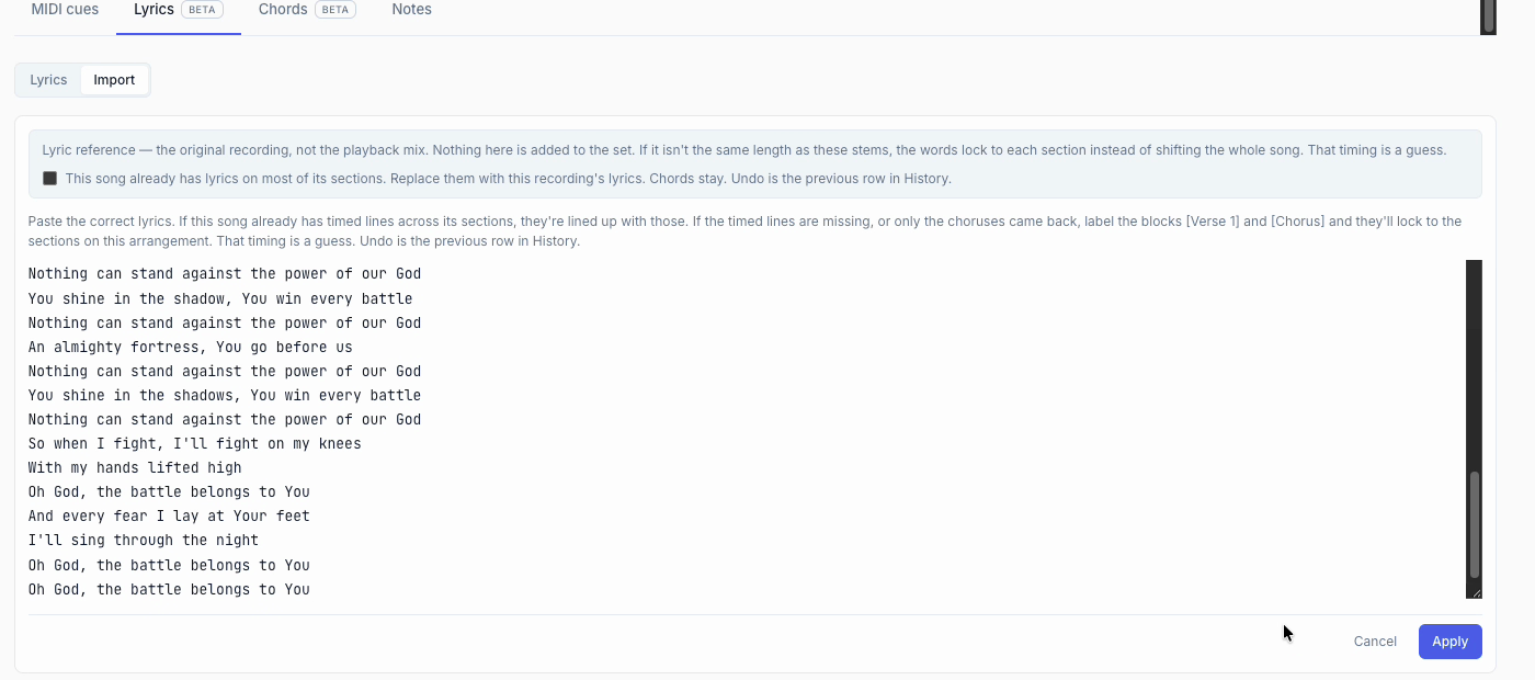 The Import box with the official lyrics pasted in, with Cancel and Apply at the bottom.