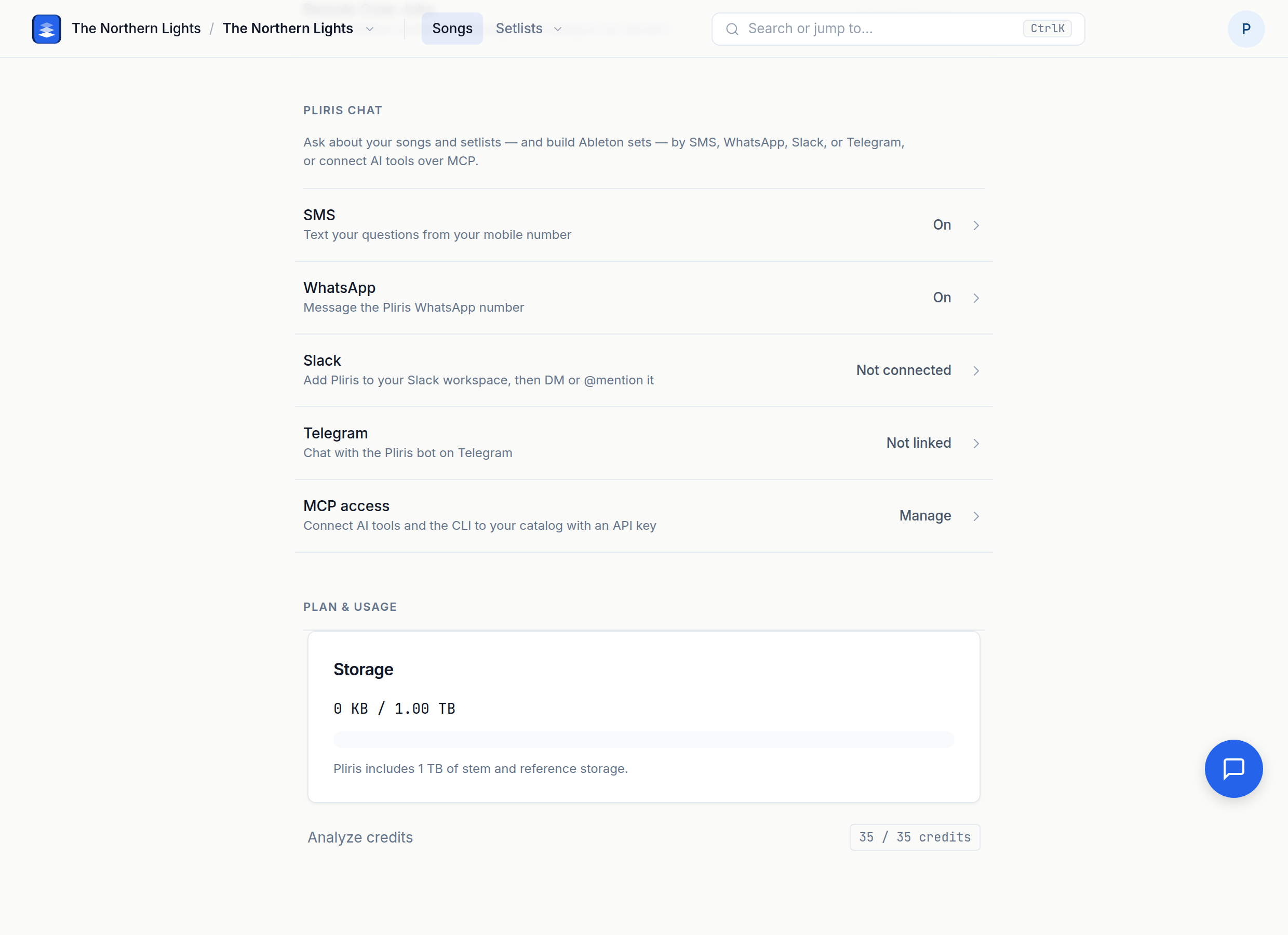 The Pliris Chat section on the Settings index, with rows for SMS, WhatsApp, Slack, Telegram, and MCP access.