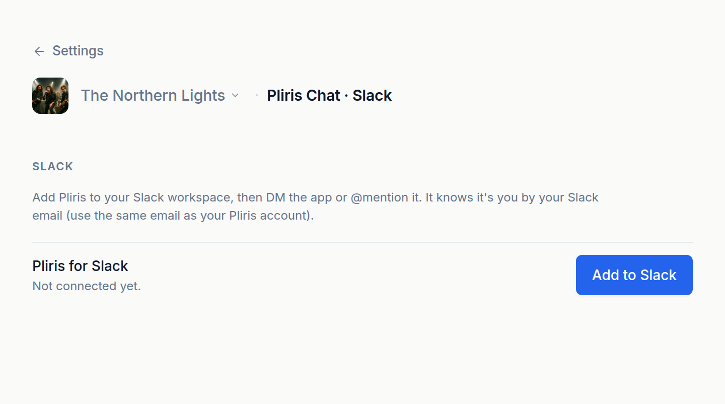 The Slack settings page with the Add to Slack button.