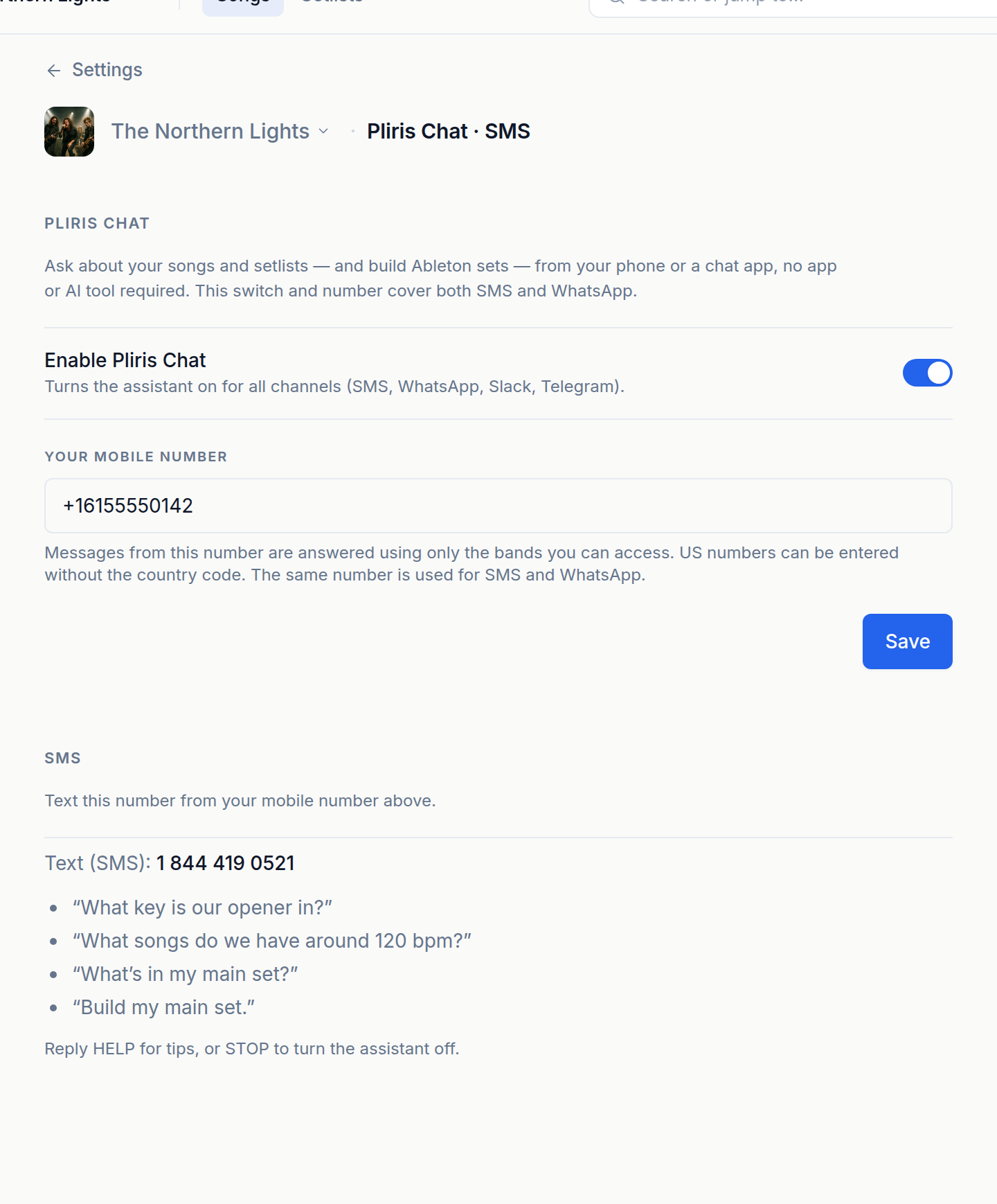 The SMS settings page: the Enable Pliris Chat toggle, your mobile-number field, and the number to text.