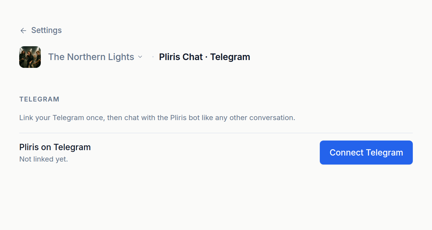 The Telegram settings page with the Connect Telegram button.