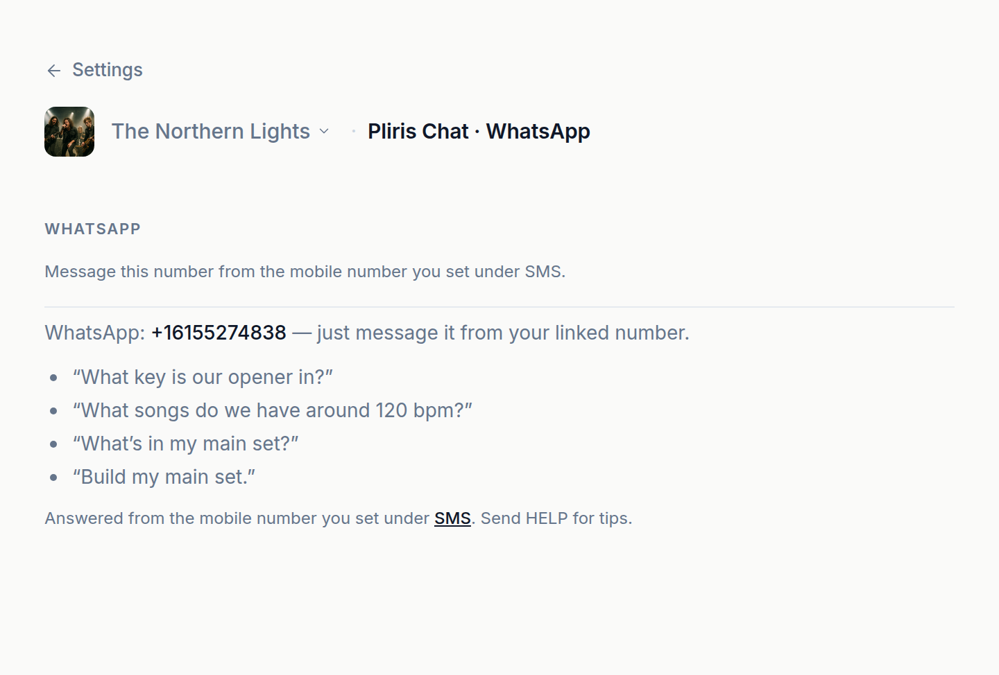 The WhatsApp settings page showing the Pliris WhatsApp number to message.