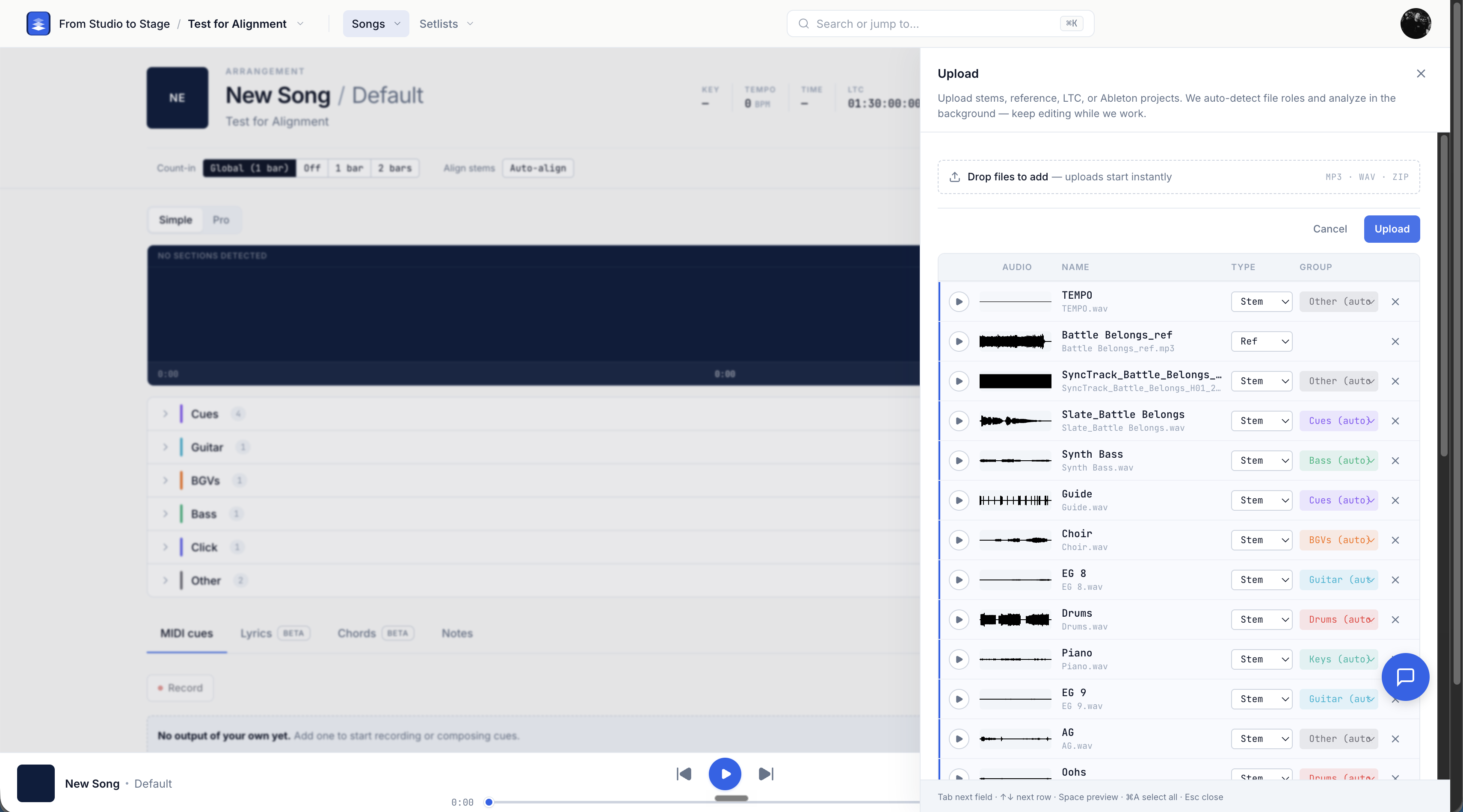 The Pliris Upload panel after dropping a project zip: every stem staged with its role auto-detected, ready to send with the Upload button.