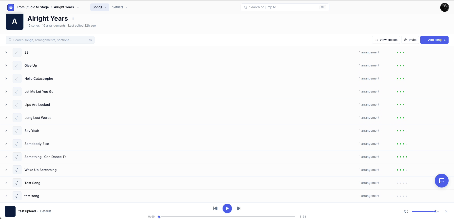 A band's song list in the Bands app.