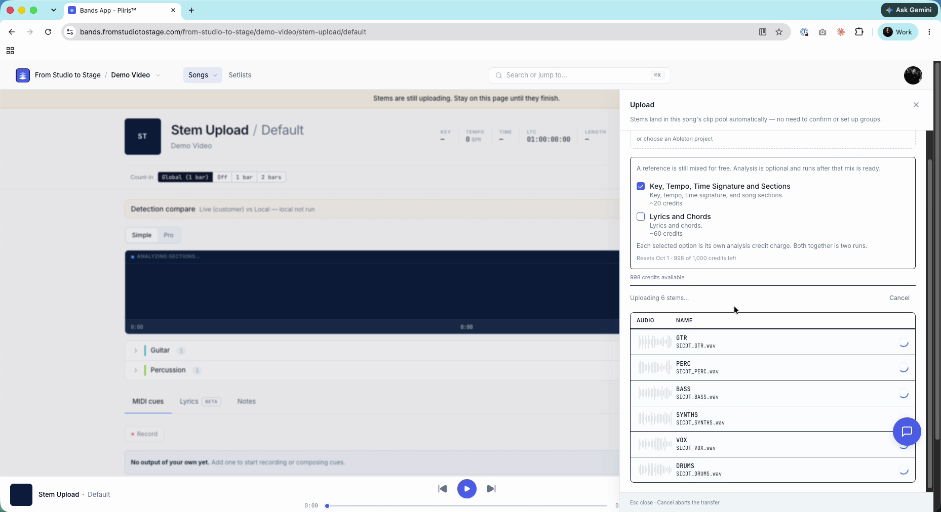 The two analysis options, with credit costs and your remaining balance.