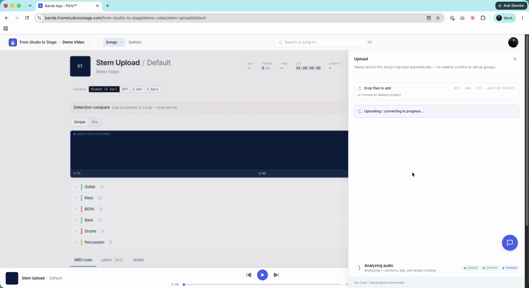 The upload panel showing Analyzing audio.