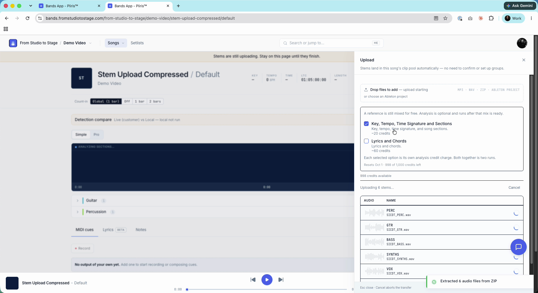 Stems extracted from the zip in the Upload panel.