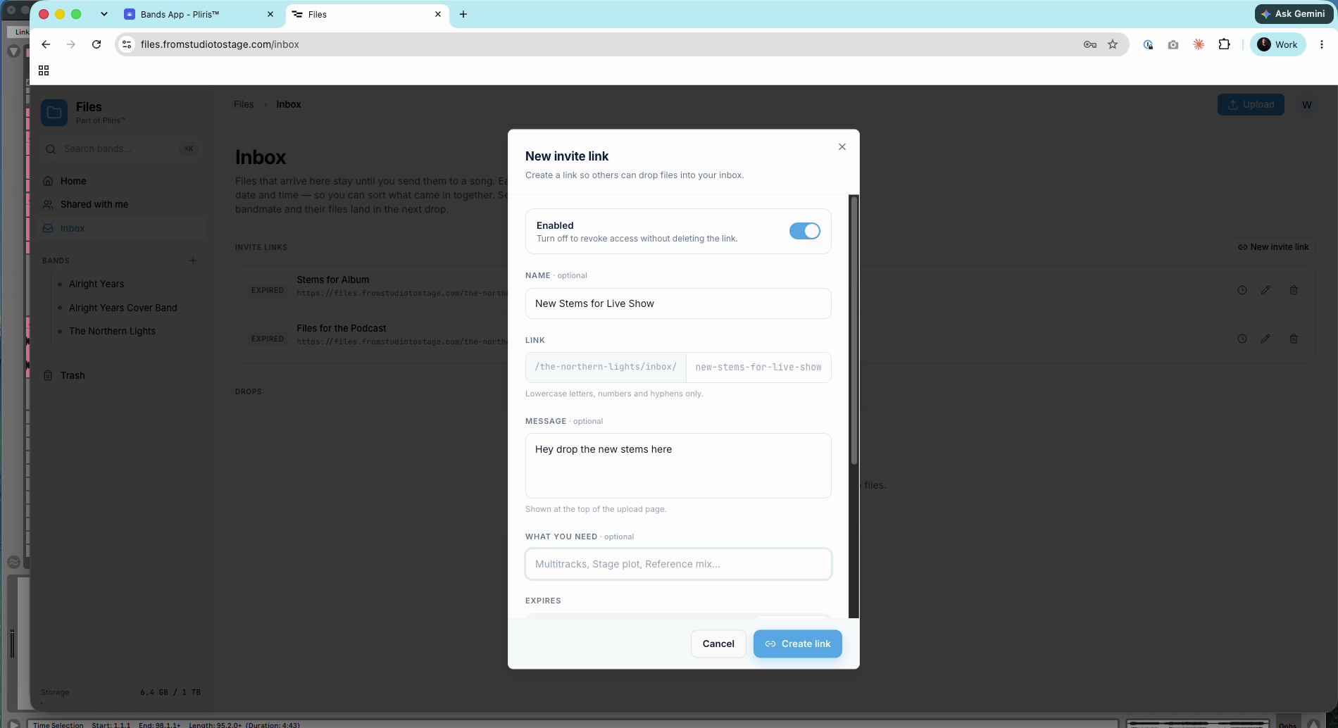 The New invite link dialog: name, link, message, and what you need.