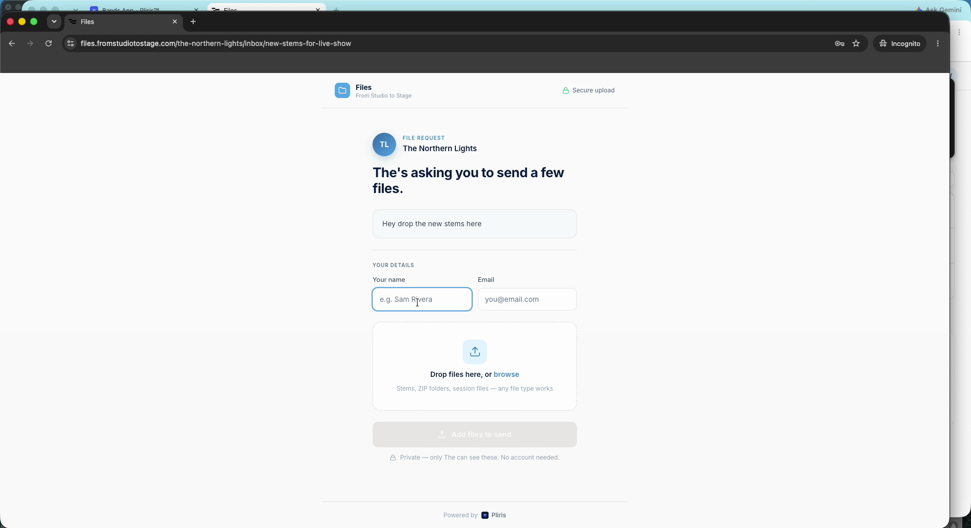 The upload page the sender sees.