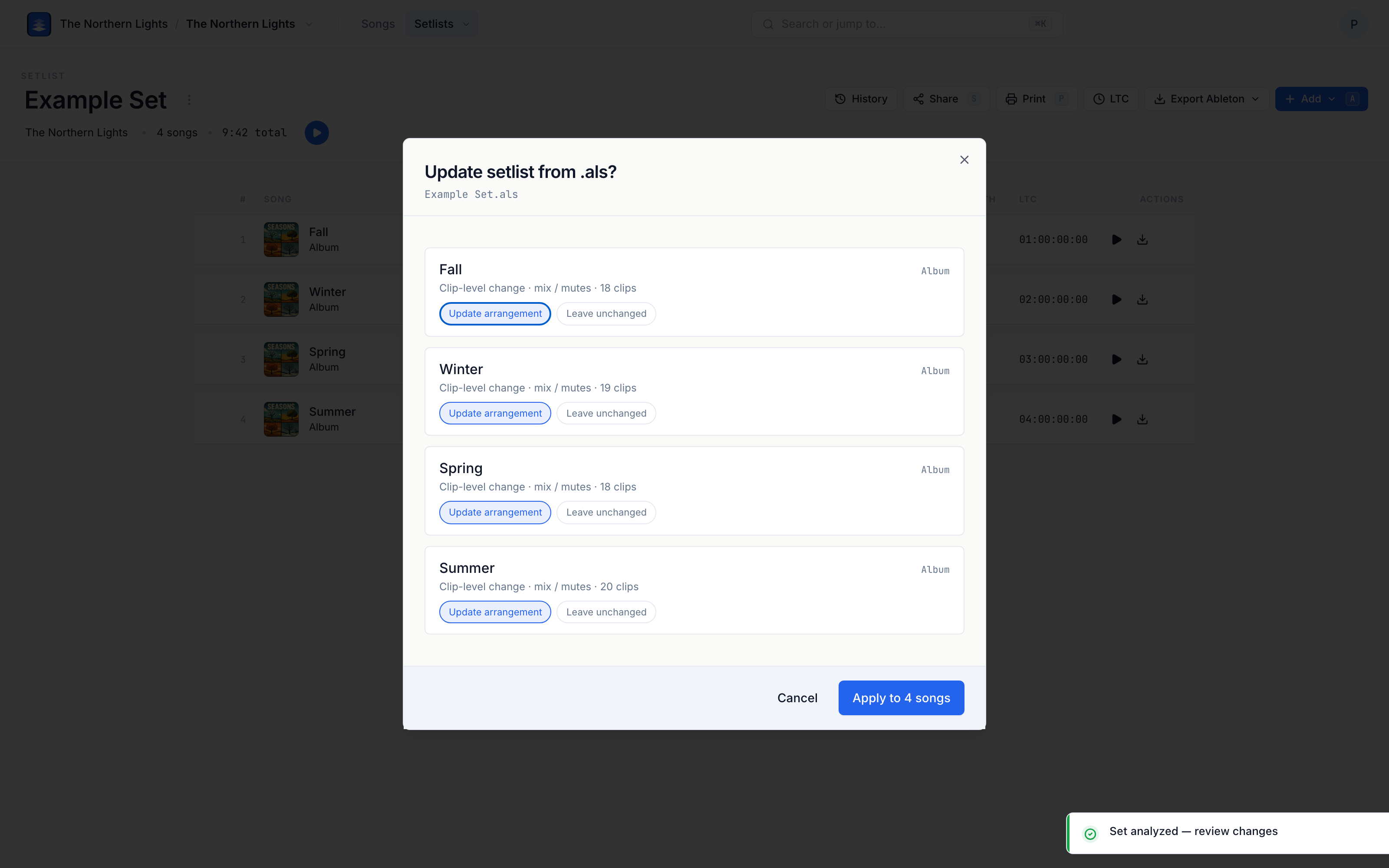 The per-song review, showing update-existing and new-arrangement choices.