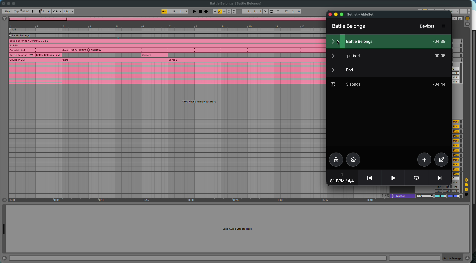 AbleSet with an export made without a setlist tool: no sections.